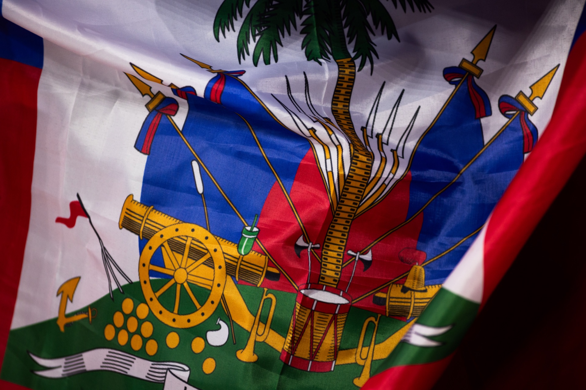 The Haitian flag held up in the stands, filling the frame — the coat of arms with its palm, cannon and drums in gold on blue and red