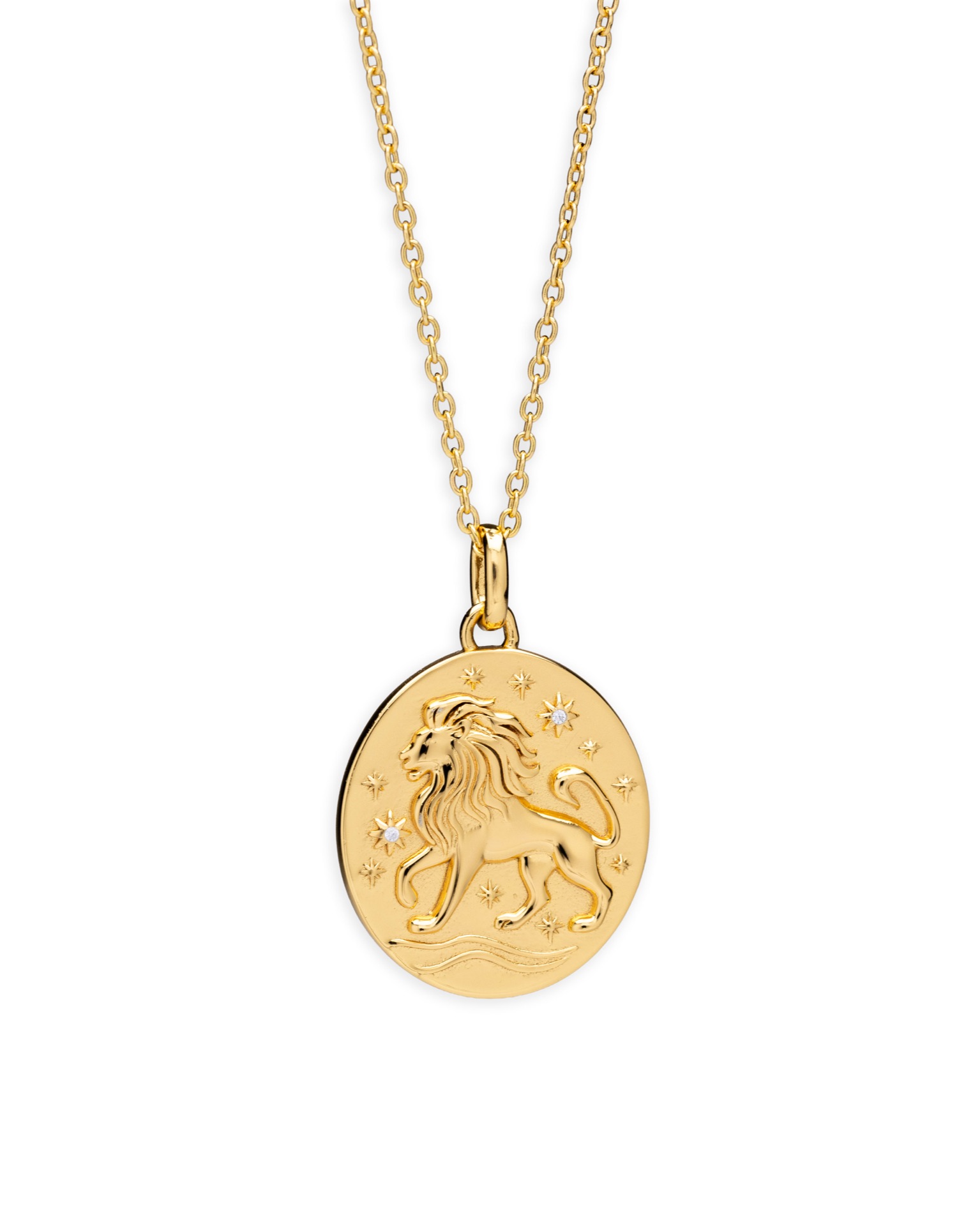 Gold Leo zodiac pendant on a fine cable chain, shot on white for the product catalogue