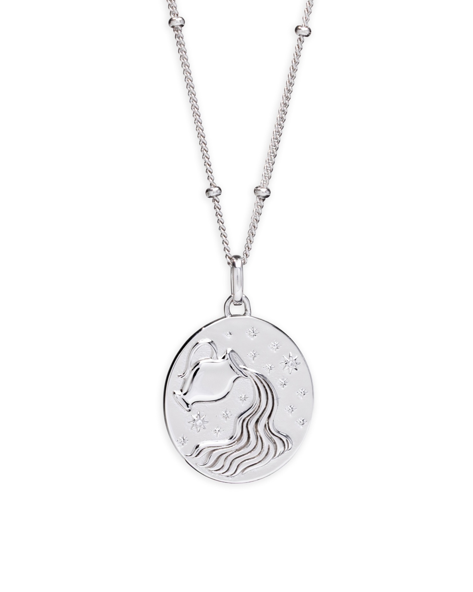 Silver Virgo zodiac pendant on a beaded chain, shot on white for the product catalogue